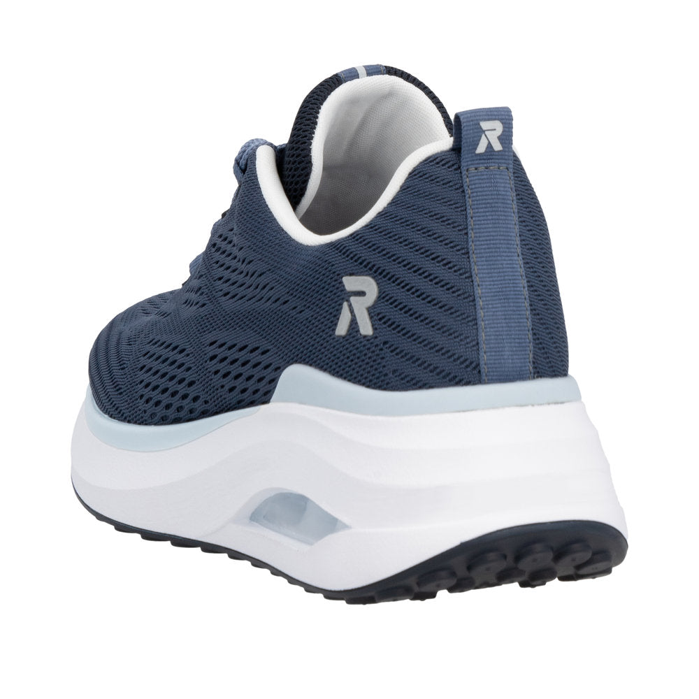 Back view of a navy running shoe with a white sole and the letter R on the side.