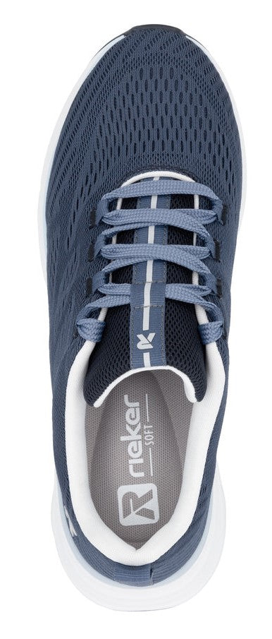 Overhead view of a blue athletic shoe with white laces and RIEKER soft insole.