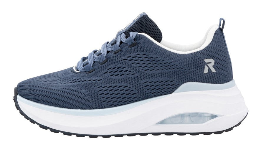 Side view of a blue athletic shoe with thick white sole and visible air cushion.