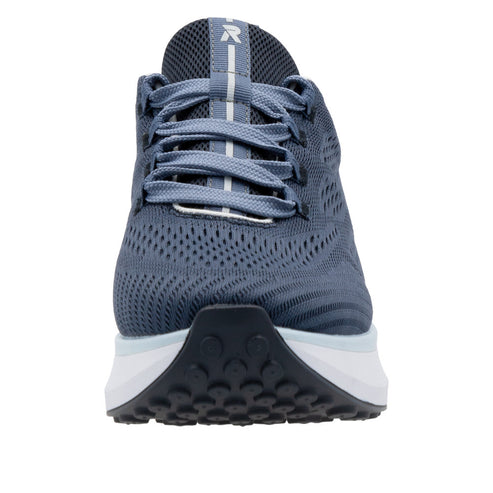 Front view of a blue athletic shoe with white laces.