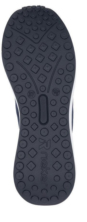 Black sneaker sole with a mix of round and diamond tread patterns.