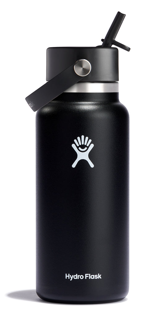 Black metal water bottle with straw lid and logo that says, "Hydro Flask".