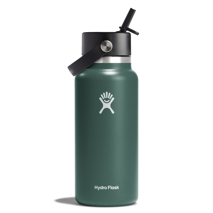 Green metal water bottle with a black lid and straw, logo and name on the body.