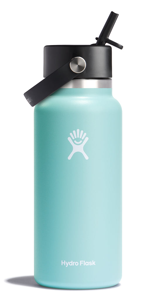 Light blue reusable water bottle with black lid, strap and straw. The bottle features a white logo near the top.