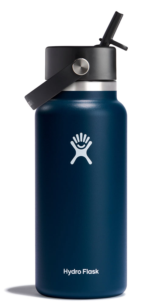 Navy blue water bottle with a straw and handle. Text 'Hydro Flask' is visible on the bottle.