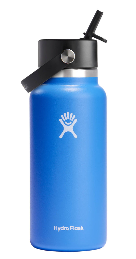 Blue metal water bottle with black cap, black strap, and straw.