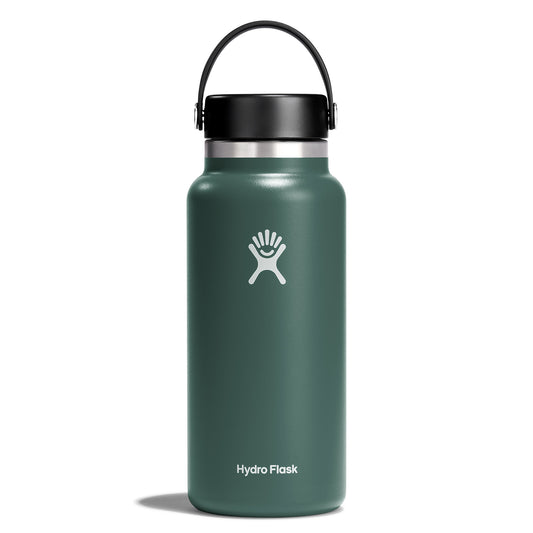 Green water bottle with black handle and lid and logo