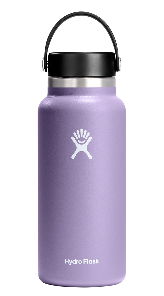 A purple water bottle with a black lid and handle. The words "Hydro Flask" are written on the side.