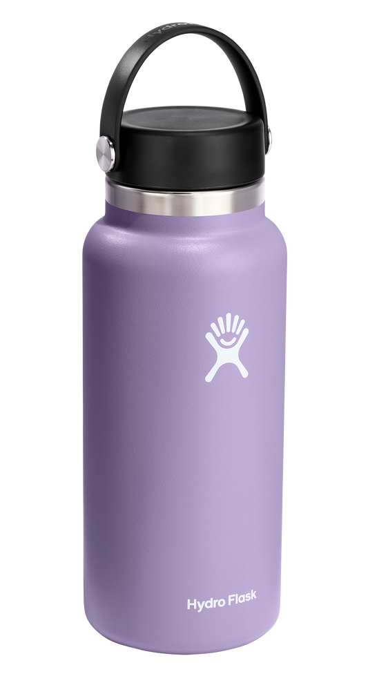 Lavender water bottle with black lid and handle, featuring a white logo, against a white grid background.