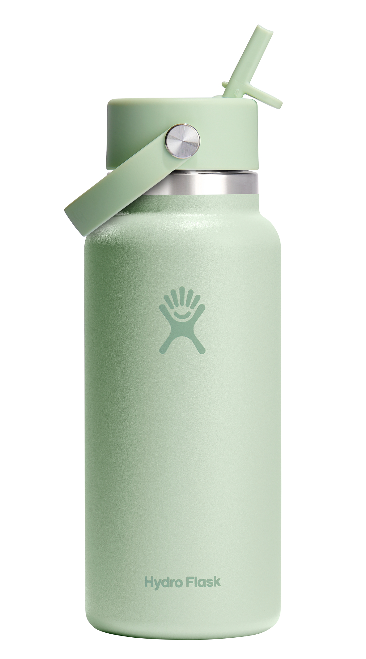 A light green Hydro Flask water bottle with straw lid and handle.