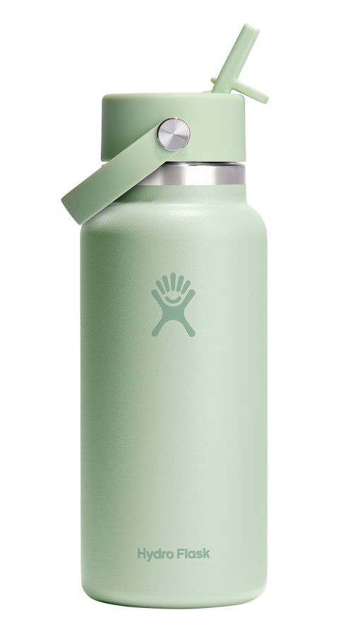 A light green Hydro Flask water bottle with straw lid and handle.