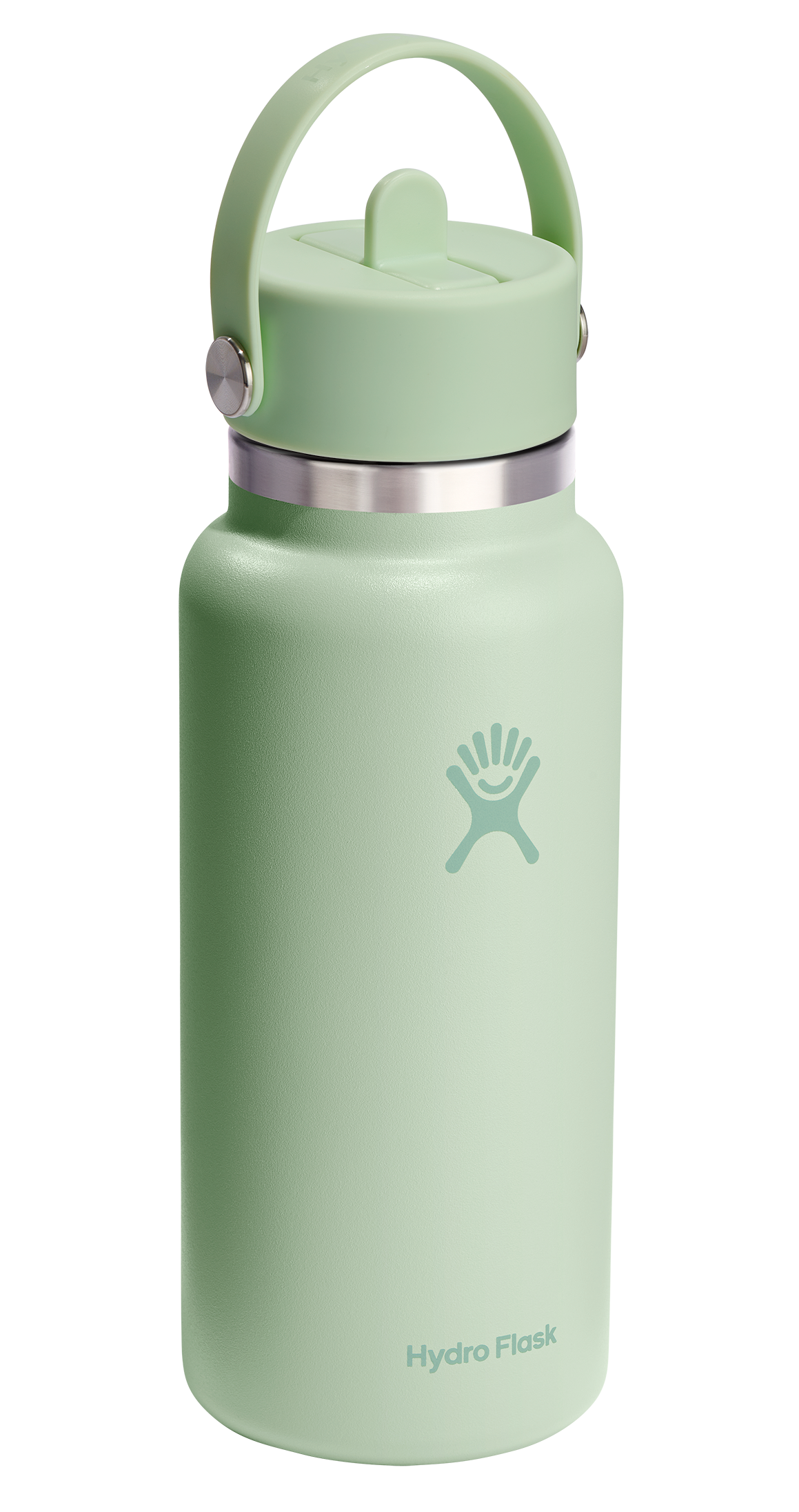 Light green water bottle with a handle and a logo