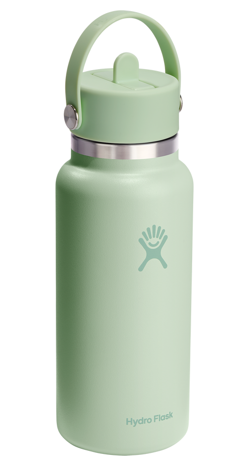 Light green water bottle with a handle and a logo