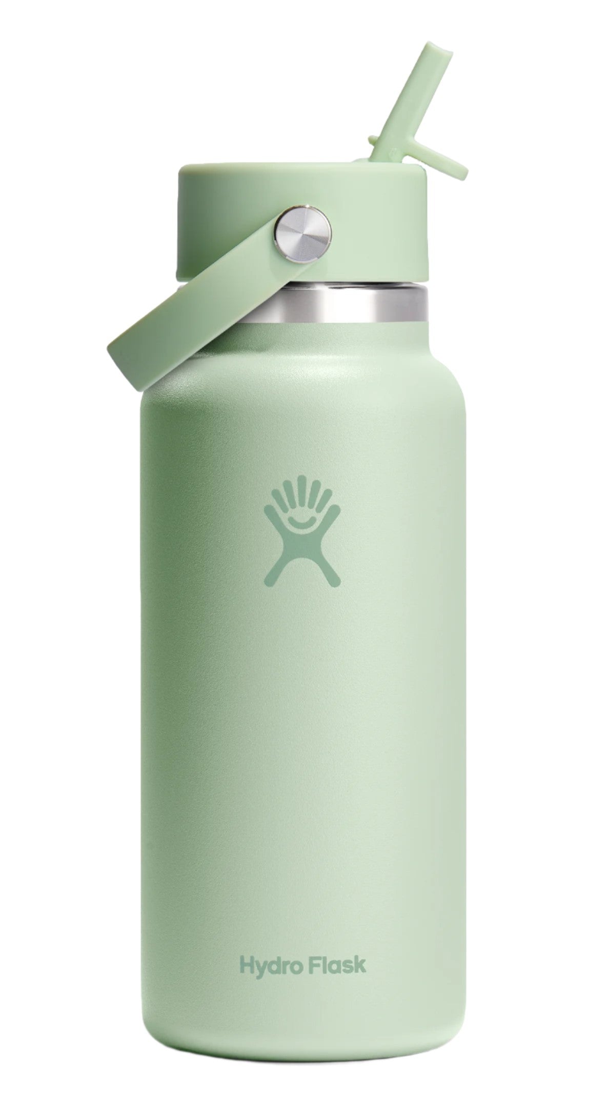 Light green water bottle with straw and a handle, 'Hydro Flask' text present.