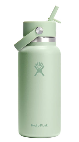 Light green water bottle with straw and a handle, 'Hydro Flask' text present.