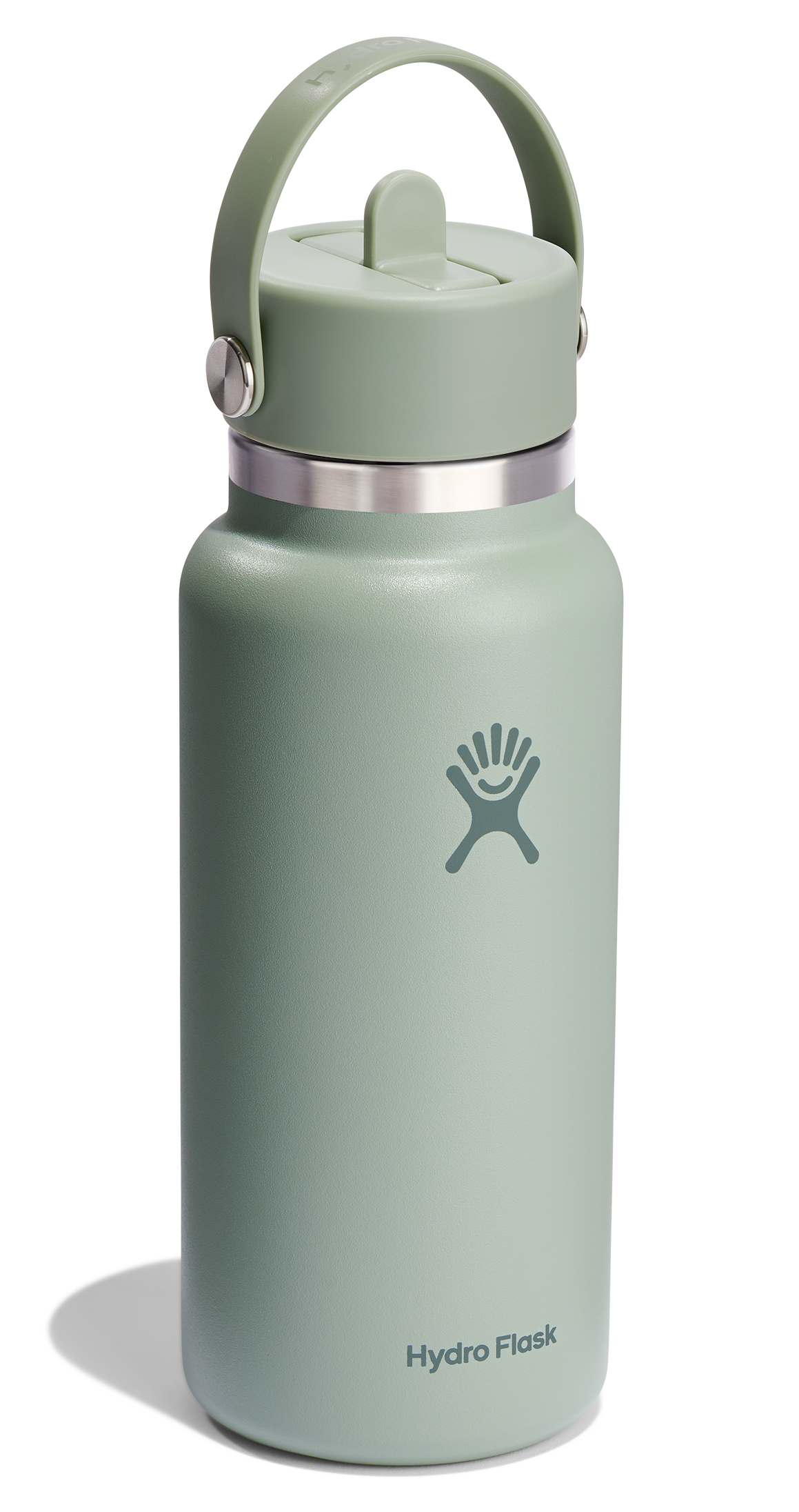 Green insulated water bottle with carry handle and logo that reads 'Hydro Flask'.