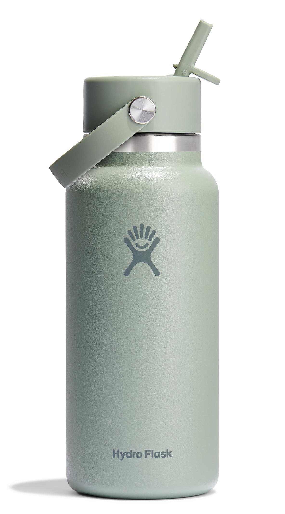 Sage green water bottle with straw and handle, and the words "Hydro Flask".
