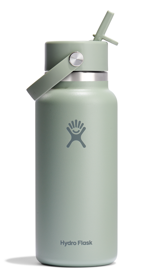 Sage green water bottle with straw and handle, and the words "Hydro Flask".