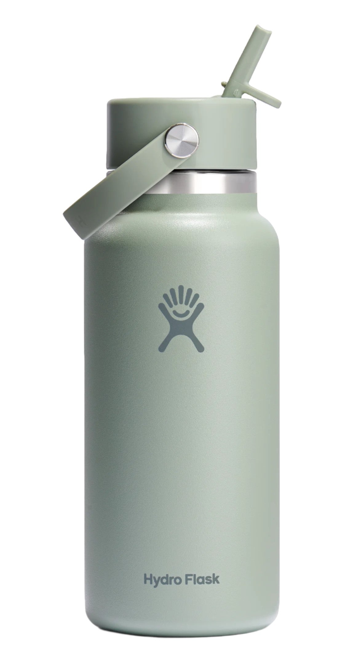 Sage-green water bottle with attached handle, straw, and logo.