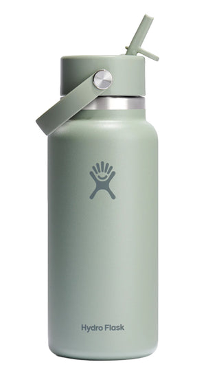 Sage-green water bottle with attached handle, straw, and logo.
