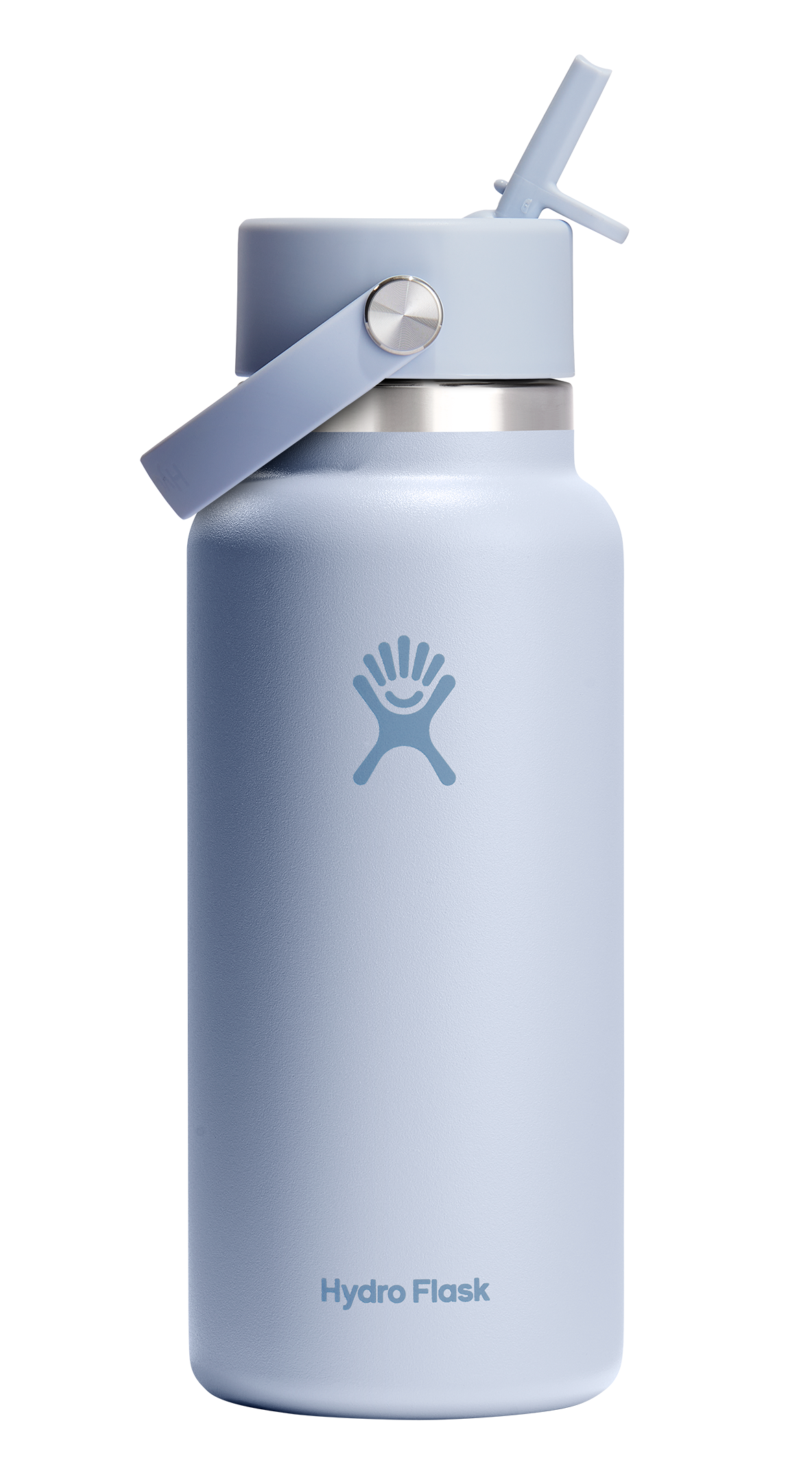 Light blue water bottle with straw and handle; Hydro Flask logo.