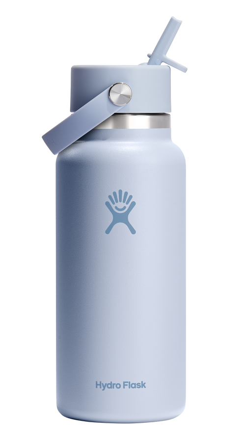 Light blue water bottle with straw and handle; Hydro Flask logo.