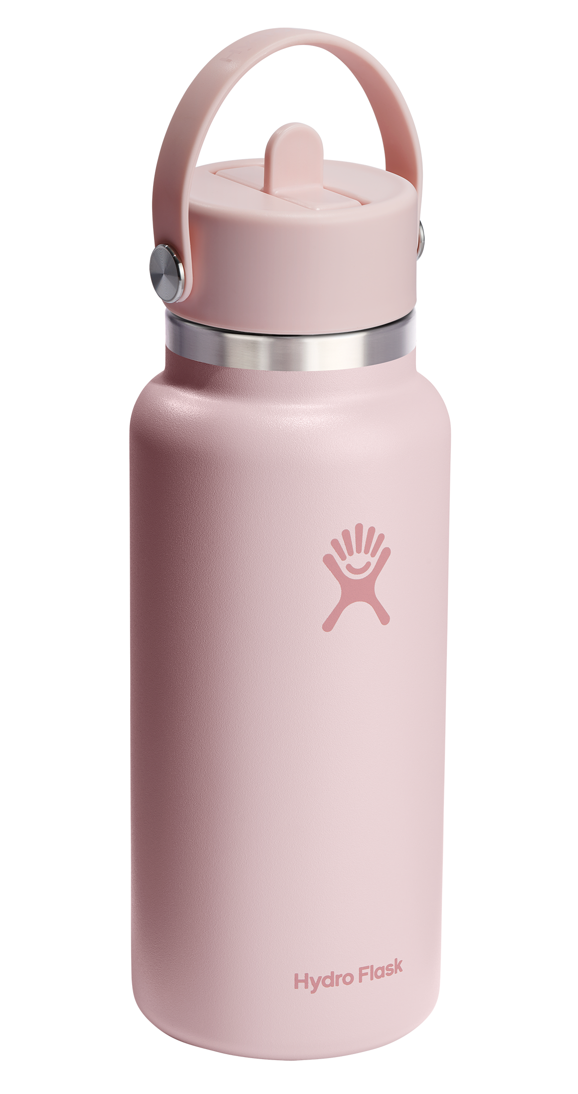 Pink water bottle with handle and straw lid.