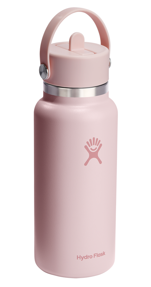 Pink water bottle with handle and straw lid.
