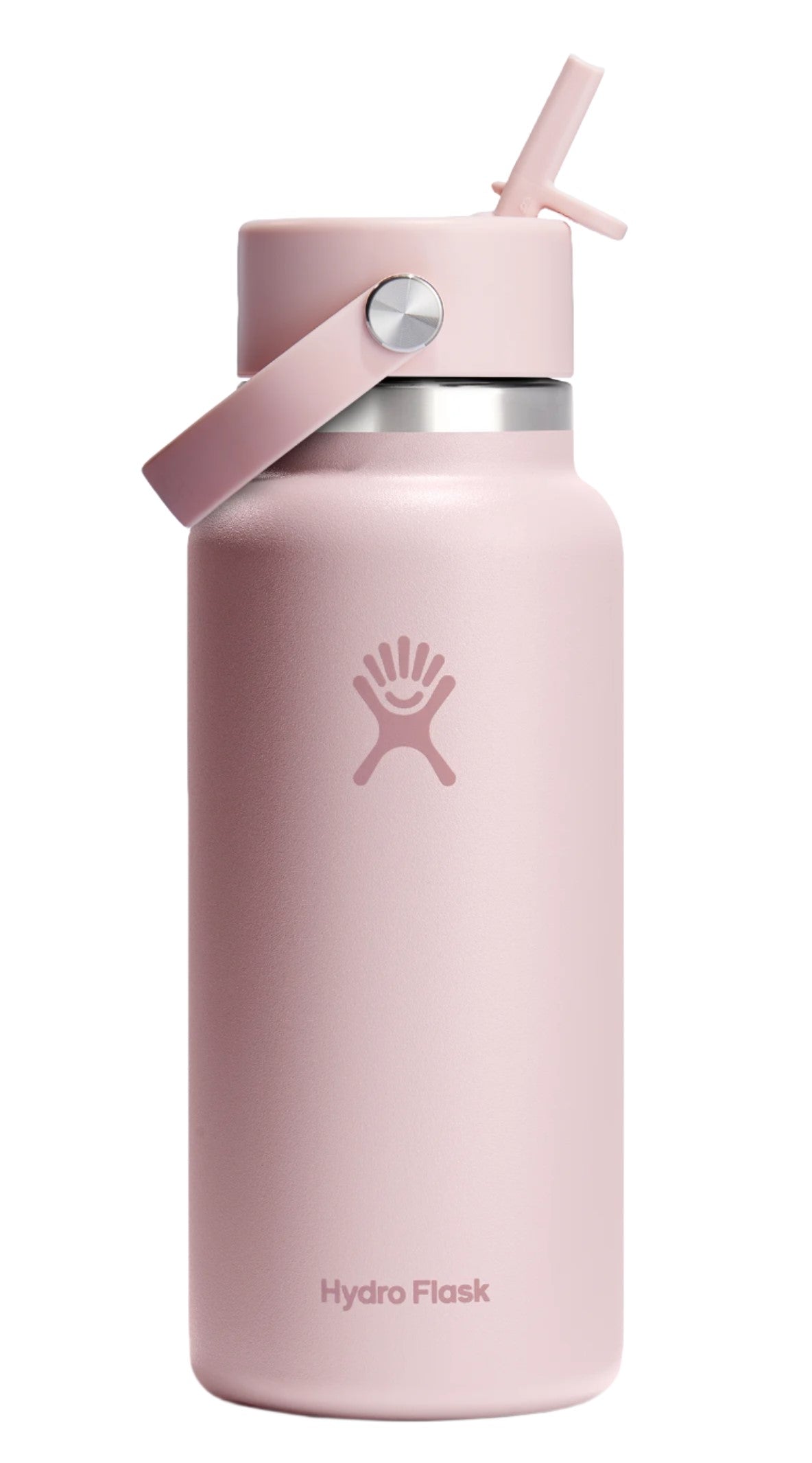 Pink stainless steel water bottle with straw lid and handle.