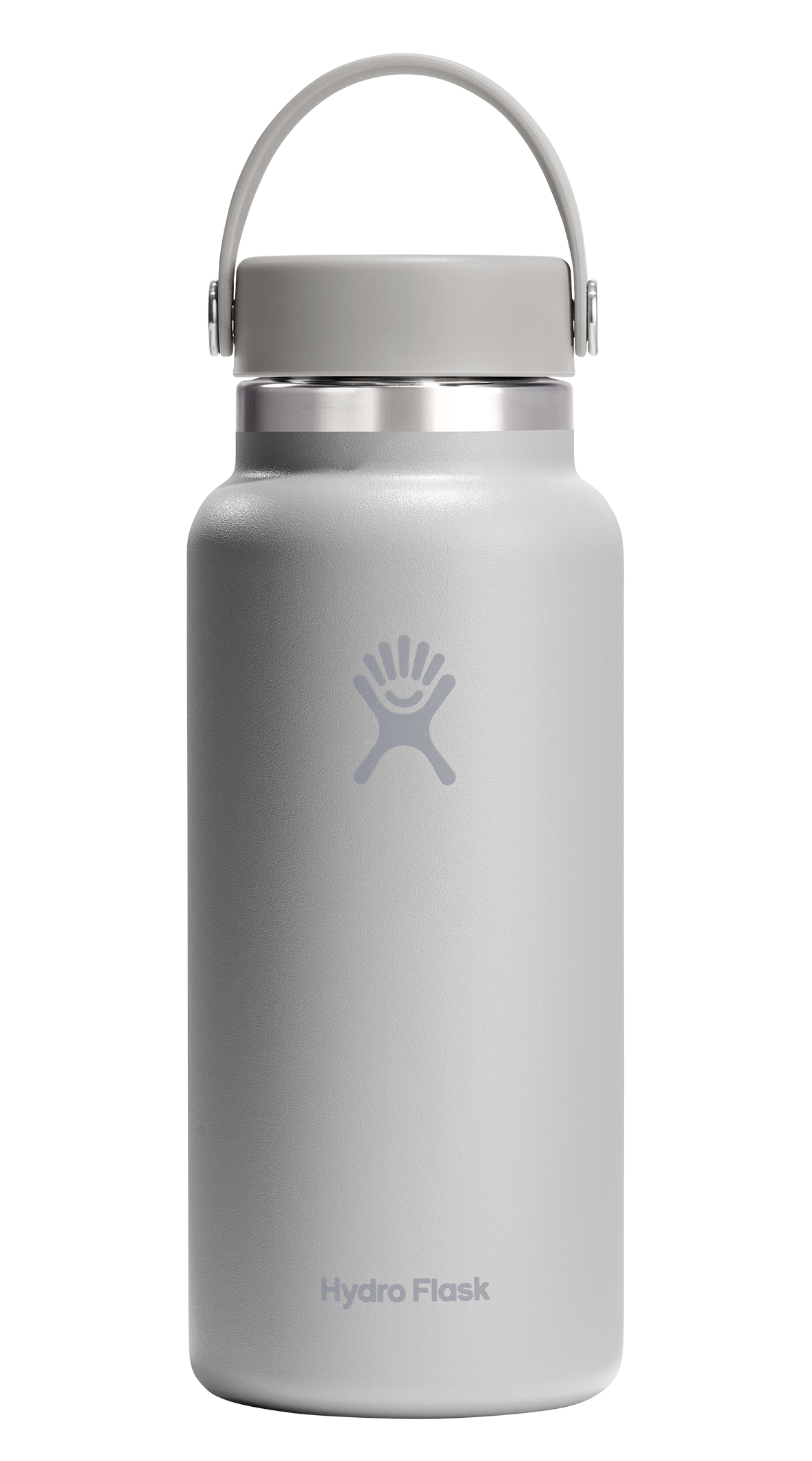 Gray water bottle with a handle.