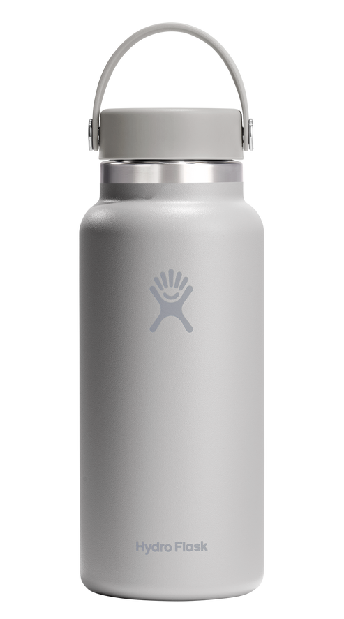 Gray water bottle with a handle.