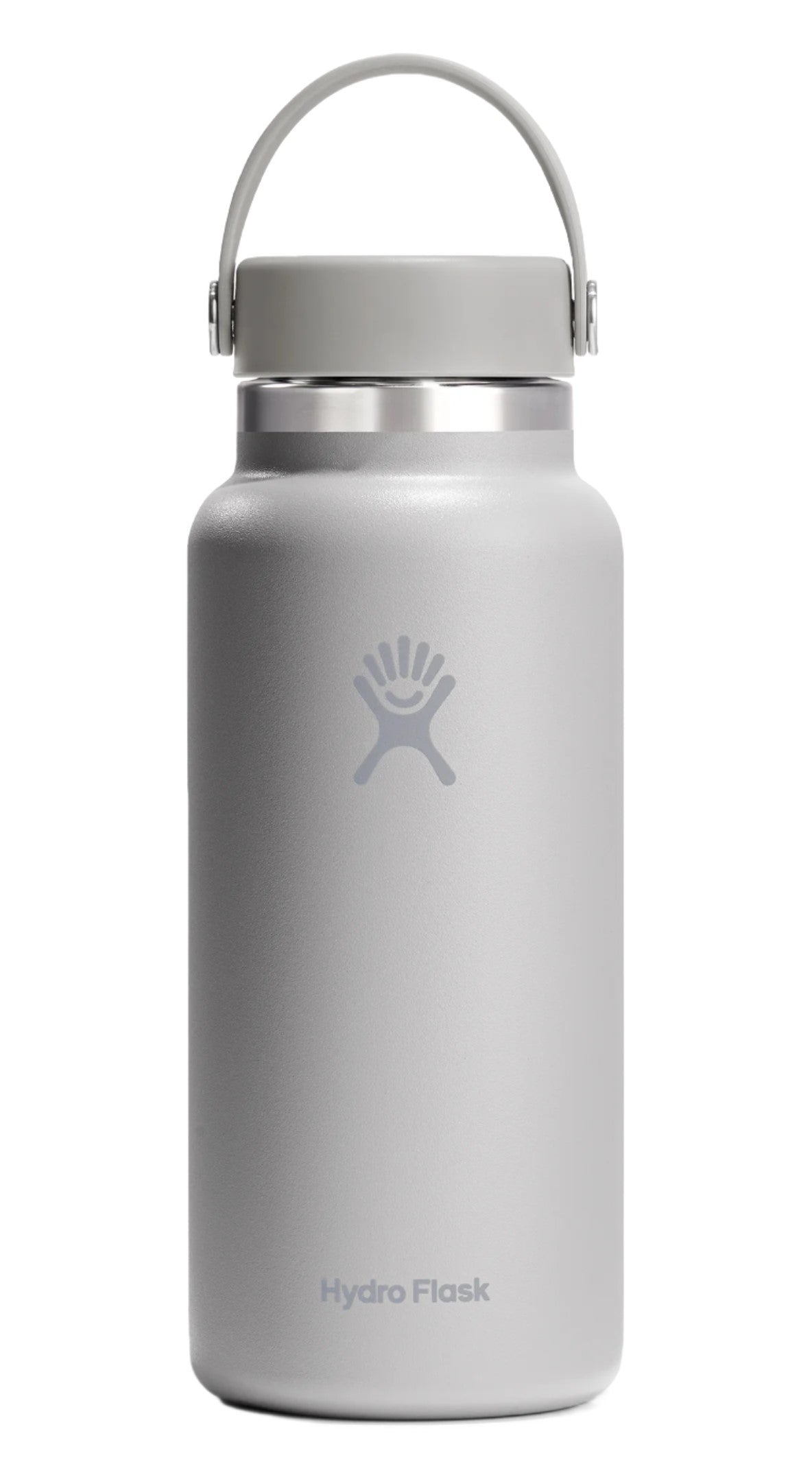 Gray water bottle with a gray cap and a gray handle
