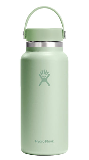 Light green water bottle with handle and logo.