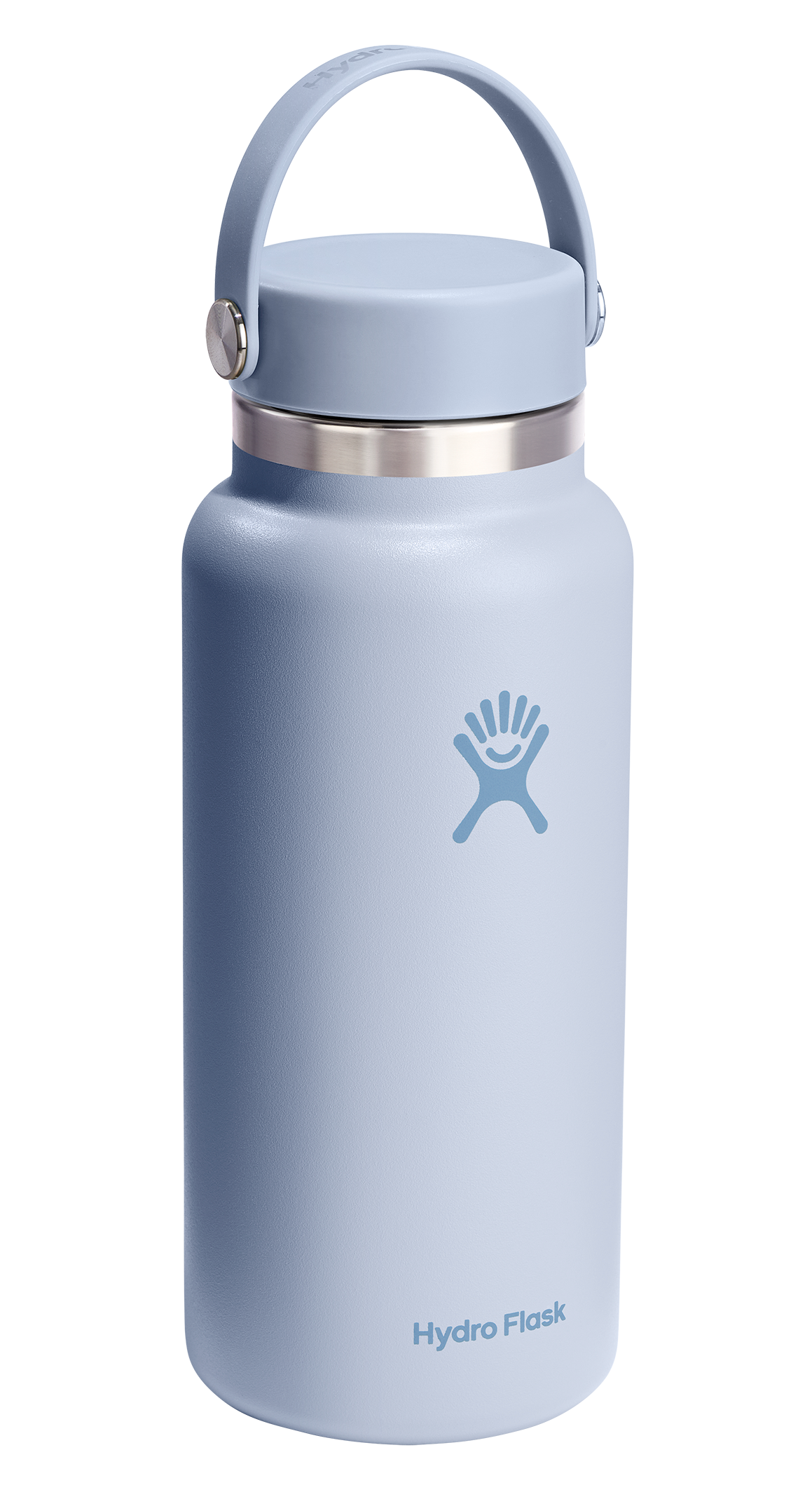 A light blue insulated water bottle with a handle.