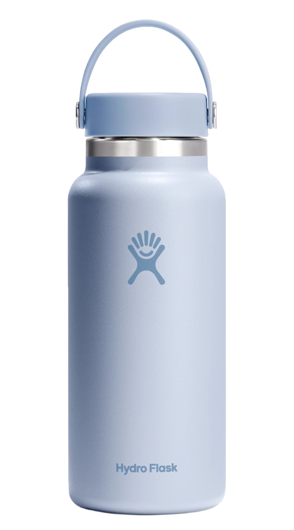 Light blue water bottle with handle and logo.