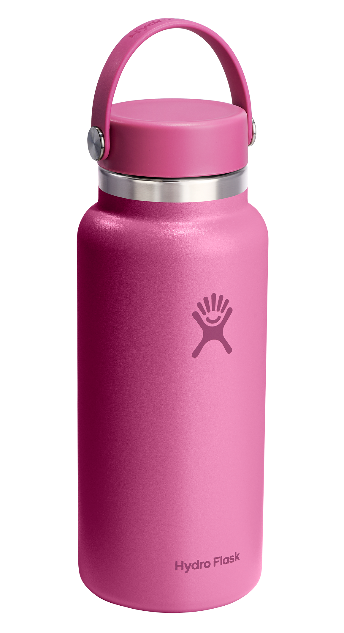Pink insulated water bottle with handle.