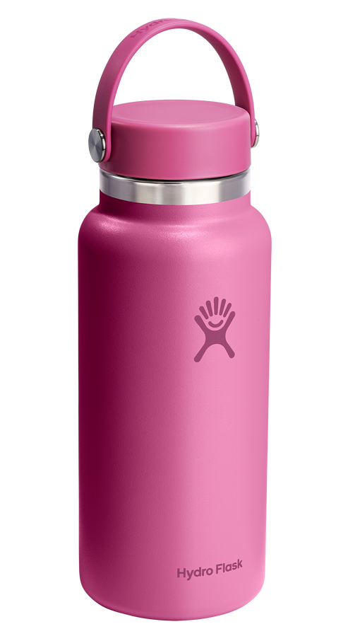 Pink insulated water bottle with handle.