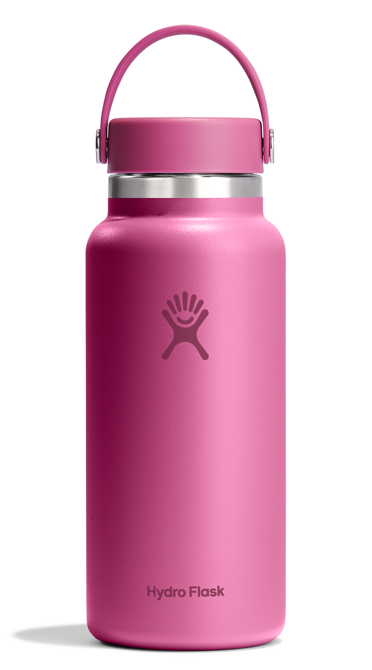 Pink water bottle with handle and logo