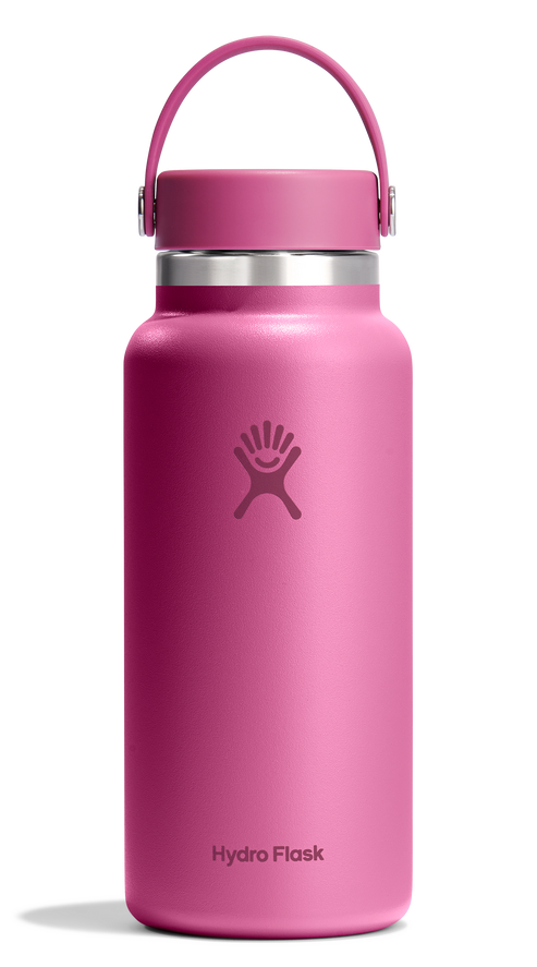 Pink water bottle with handle and logo
