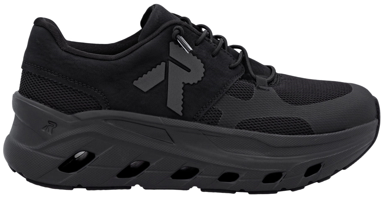 All-black running shoe with a thick sole, lace-up closure, and logo on the side.