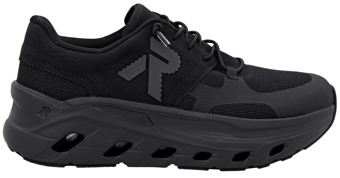 All-black running shoe with a thick sole, lace-up closure, and logo on the side.