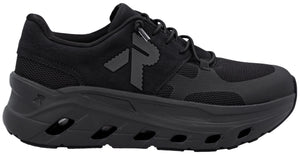 All-black running shoe with a thick sole, lace-up closure, and logo on the side.