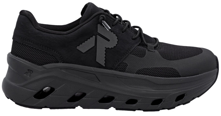 All-black running shoe with a thick sole, lace-up closure, and logo on the side.