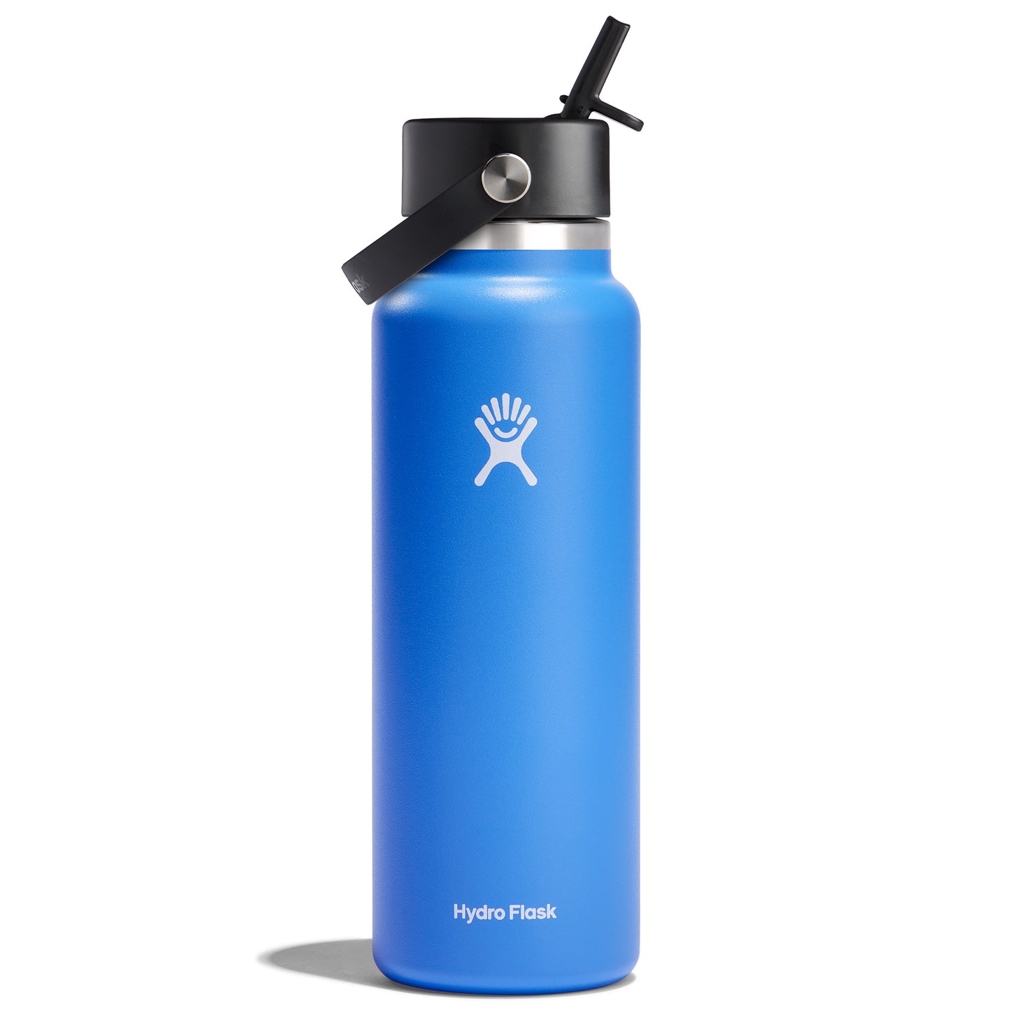 Blue water bottle with a black straw lid and visible white "Hydro Flask" logo.