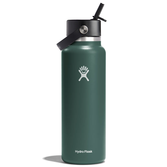 Green hydro flask with straw and black cap, and a white logo.