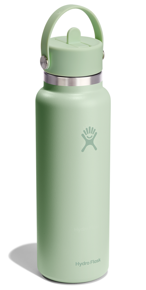 Light green Hydro Flask bottle with straw lid.