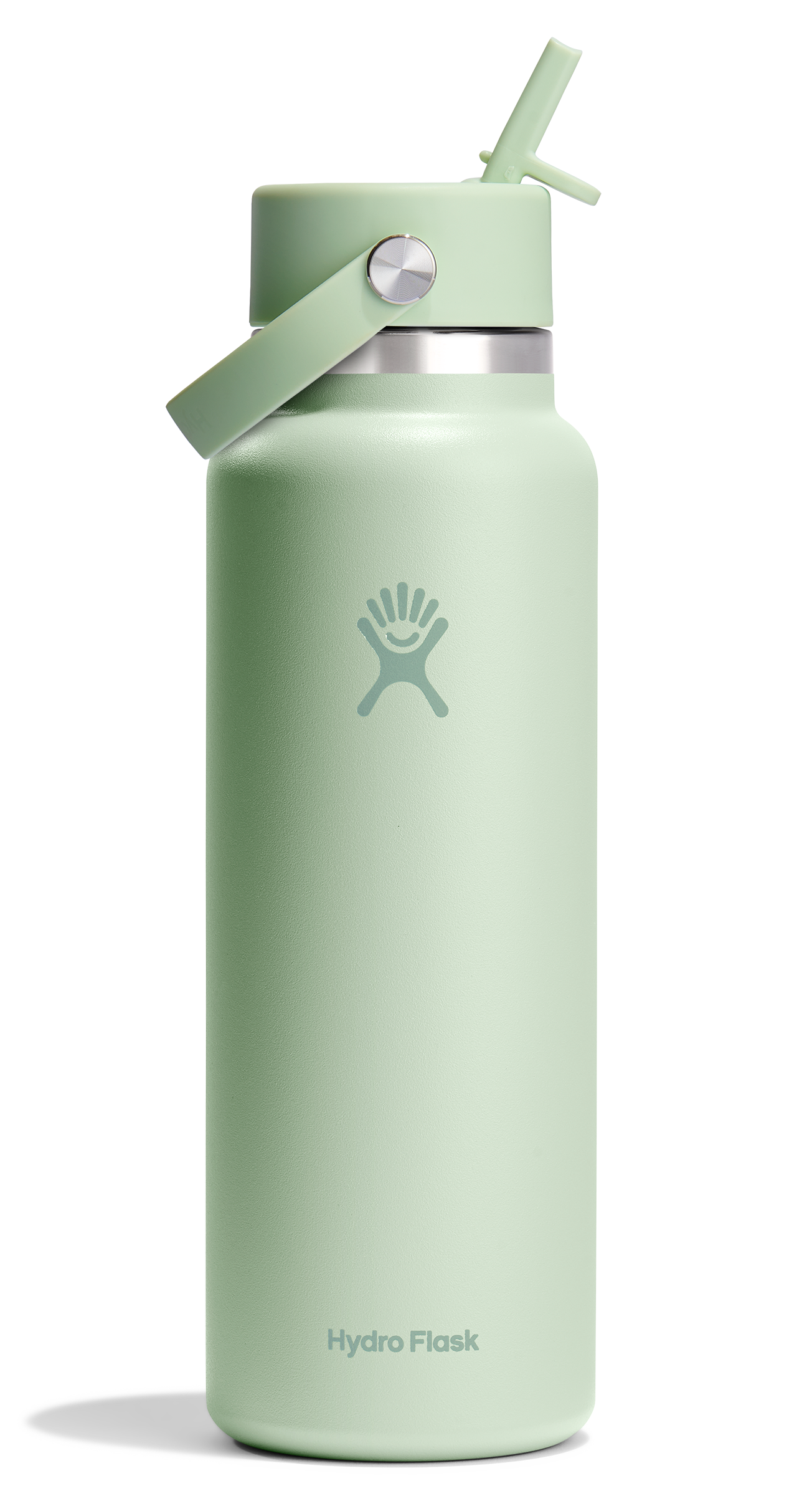 Light green water bottle with straw and logo.