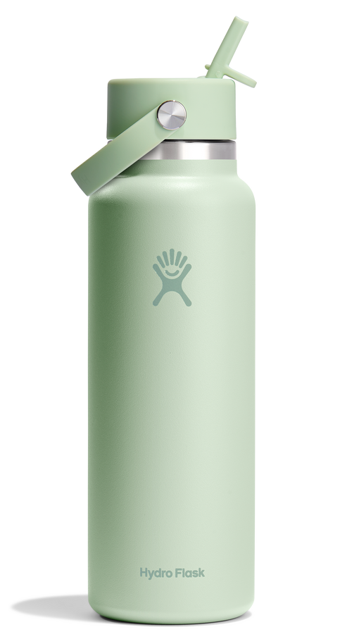 Light green water bottle with straw and logo.