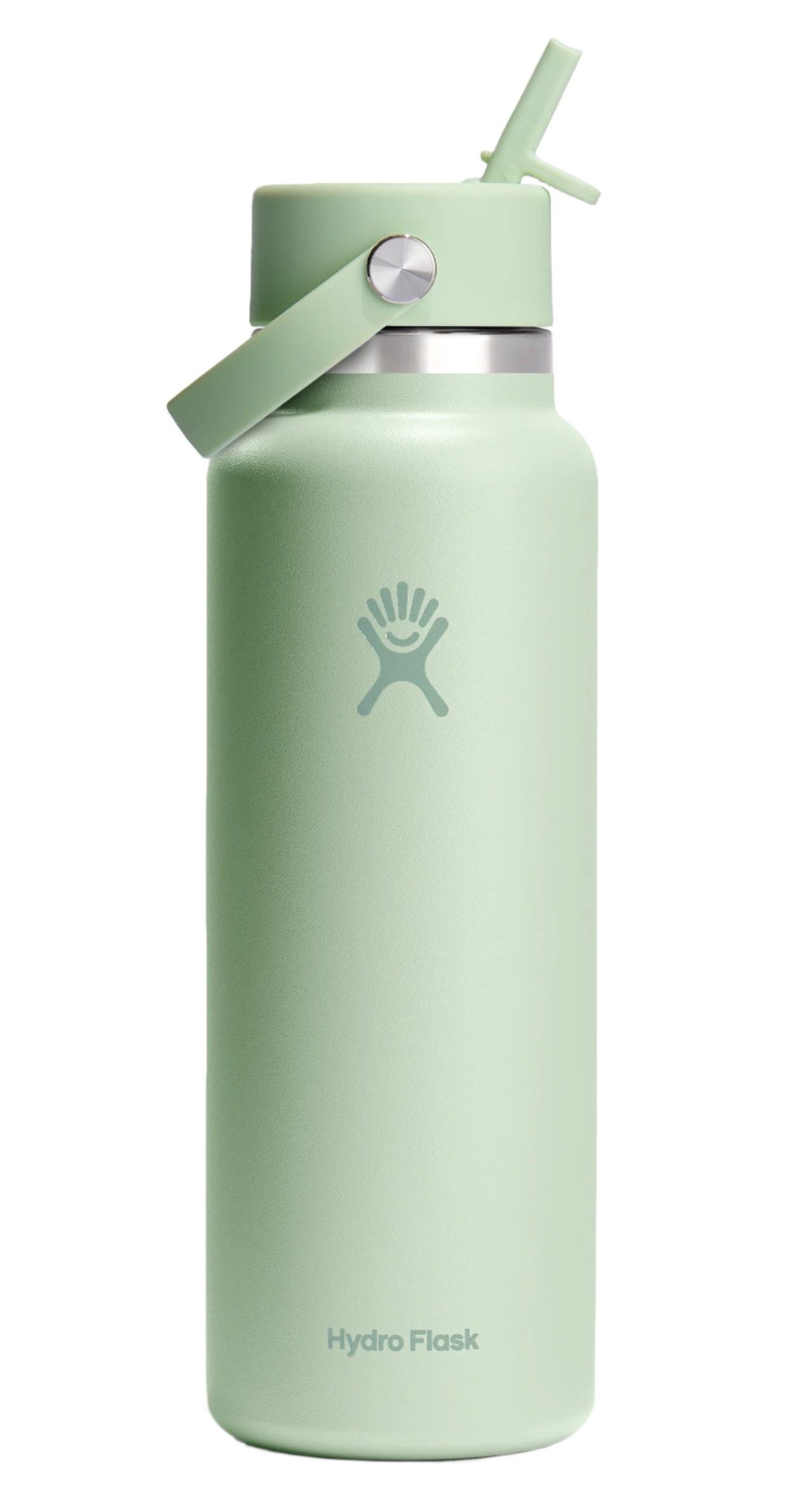 Light green water bottle with a straw lid, handle, and visible text 'Hydro Flask'.