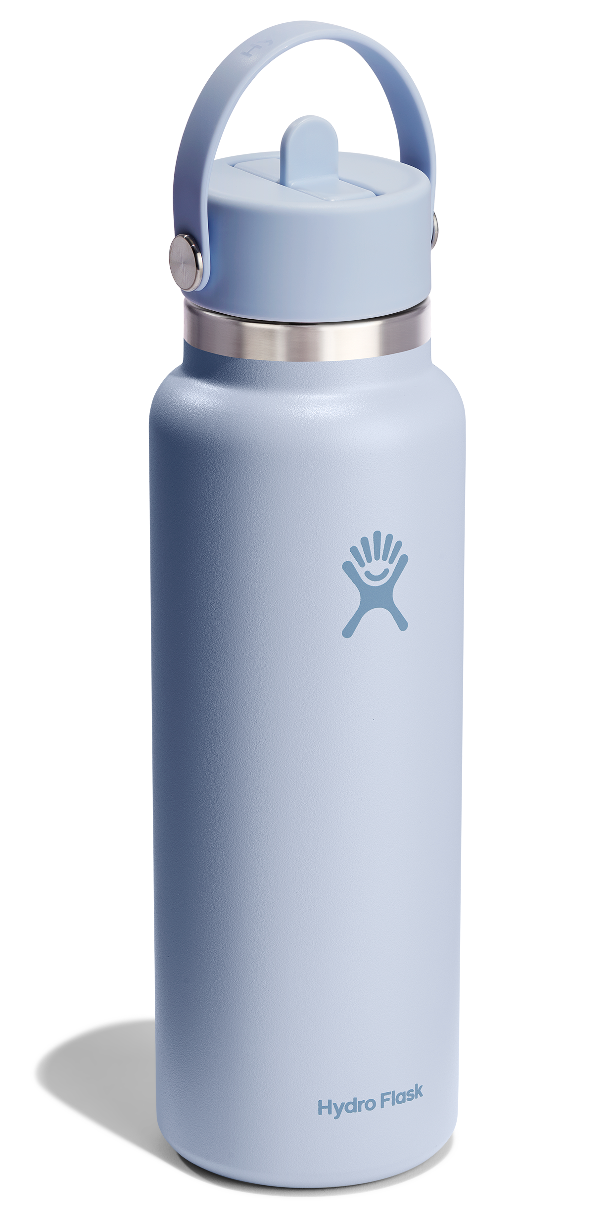 Light blue stainless steel water bottle with handle.
